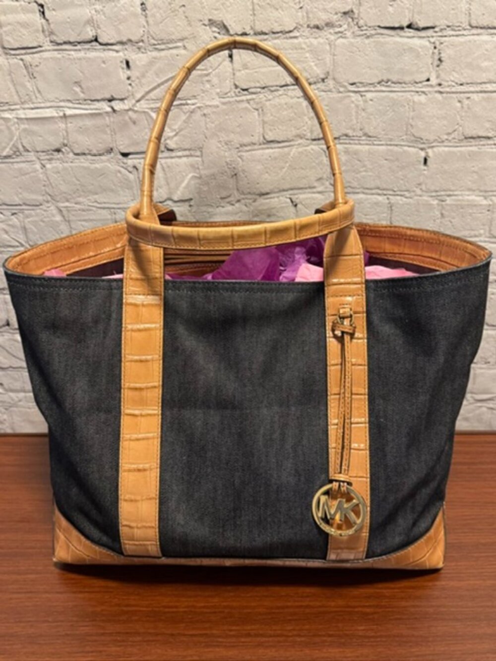 Michael Kors Denim Tote Croc Embossed Leather Shoulder Bag